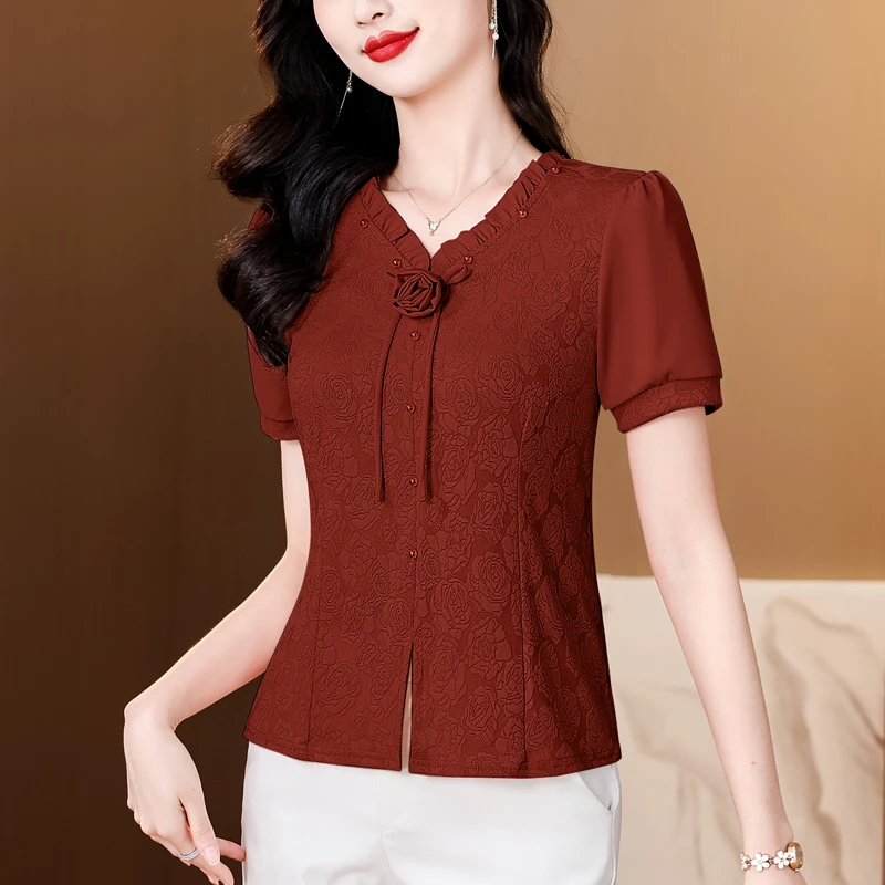 夏季修身时尚气质减龄提花蝴蝶结拼接雪纺短袖百搭显瘦洋气上衣女