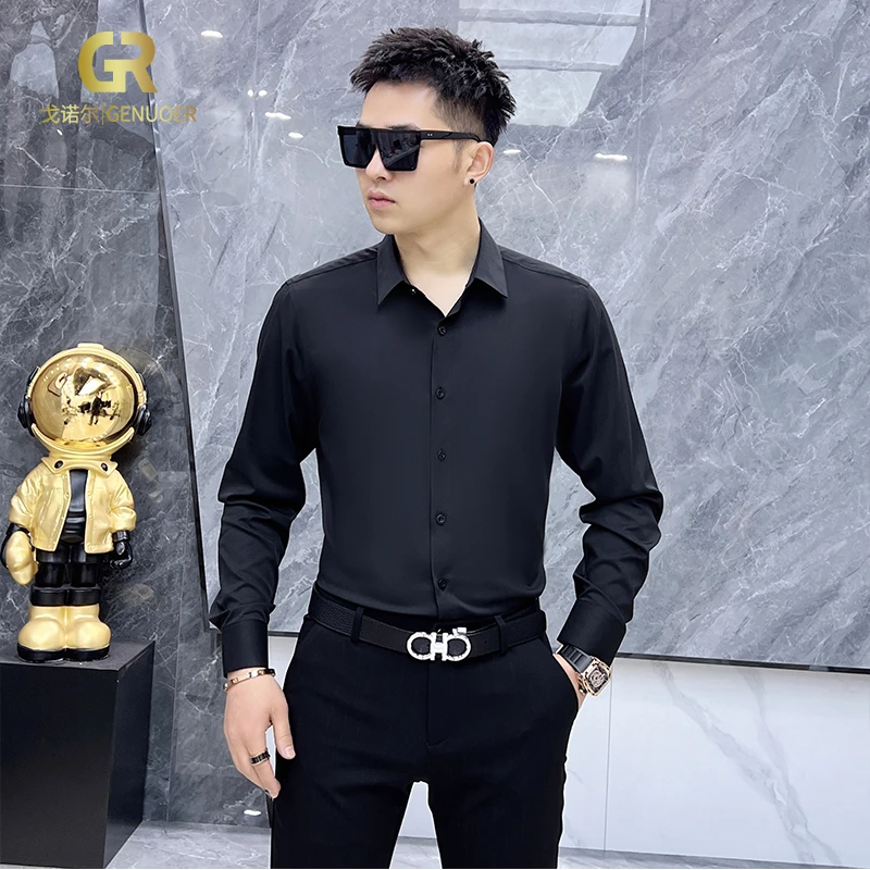 戈诺尔商场男装同款特价春季休闲商务纯色黑色衬衫男士长袖衬衣