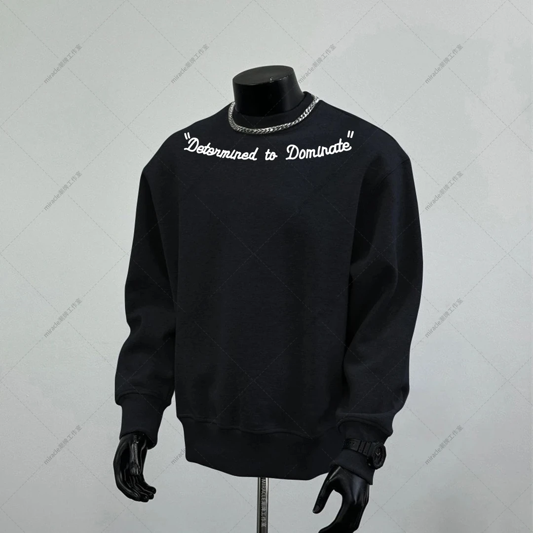 秋冬款圆领卫衣加绒加厚花灰色潮流DET字母印花套头内搭打底长袖