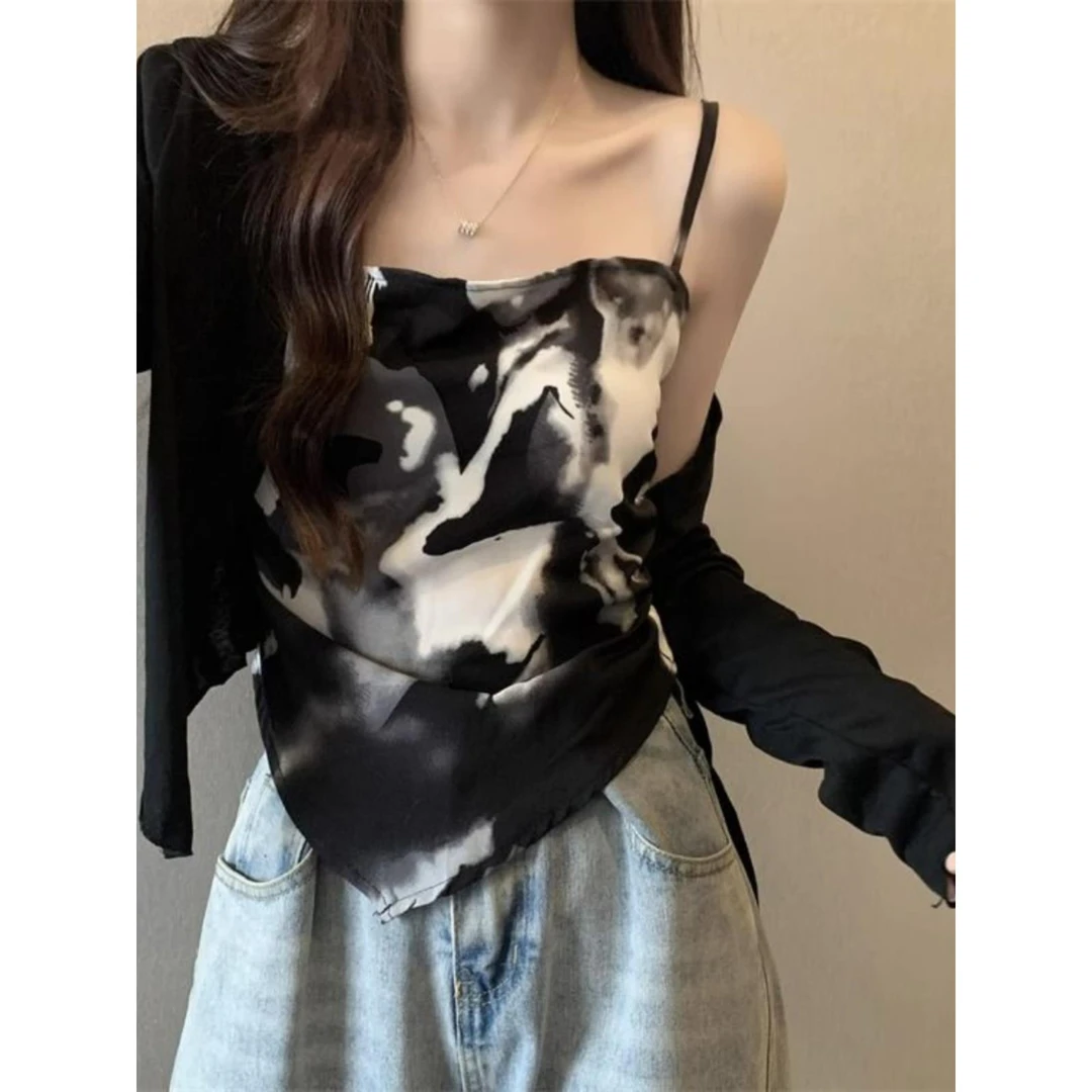 胖mm300斤大码新中式水墨吊带背心女夏季显瘦不规则辣妹上衣外穿