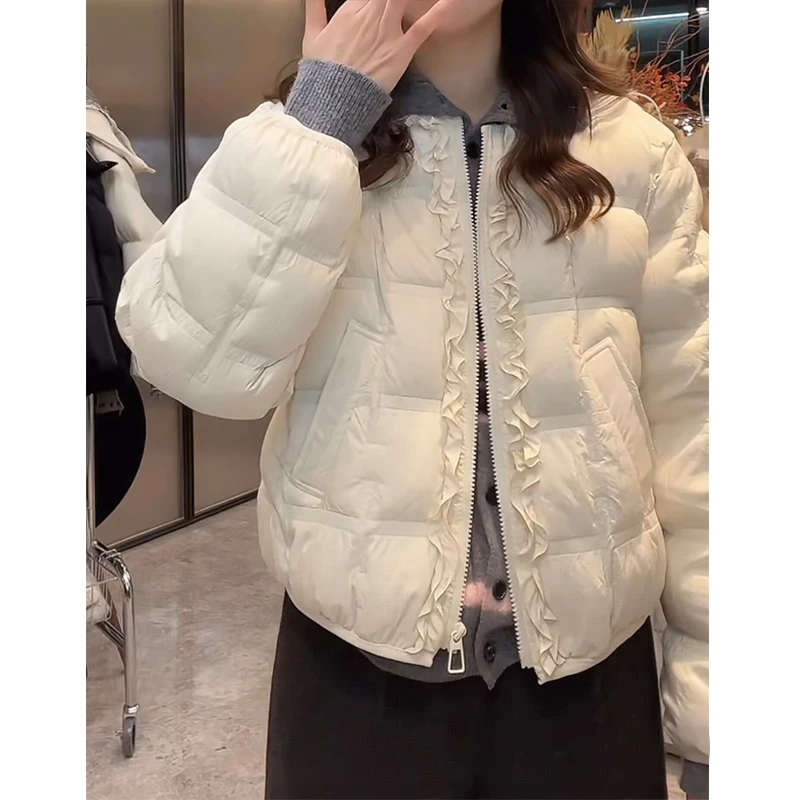 小个子花边设计感棉服外套女2025冬季新款时尚百搭显瘦短款棉衣潮