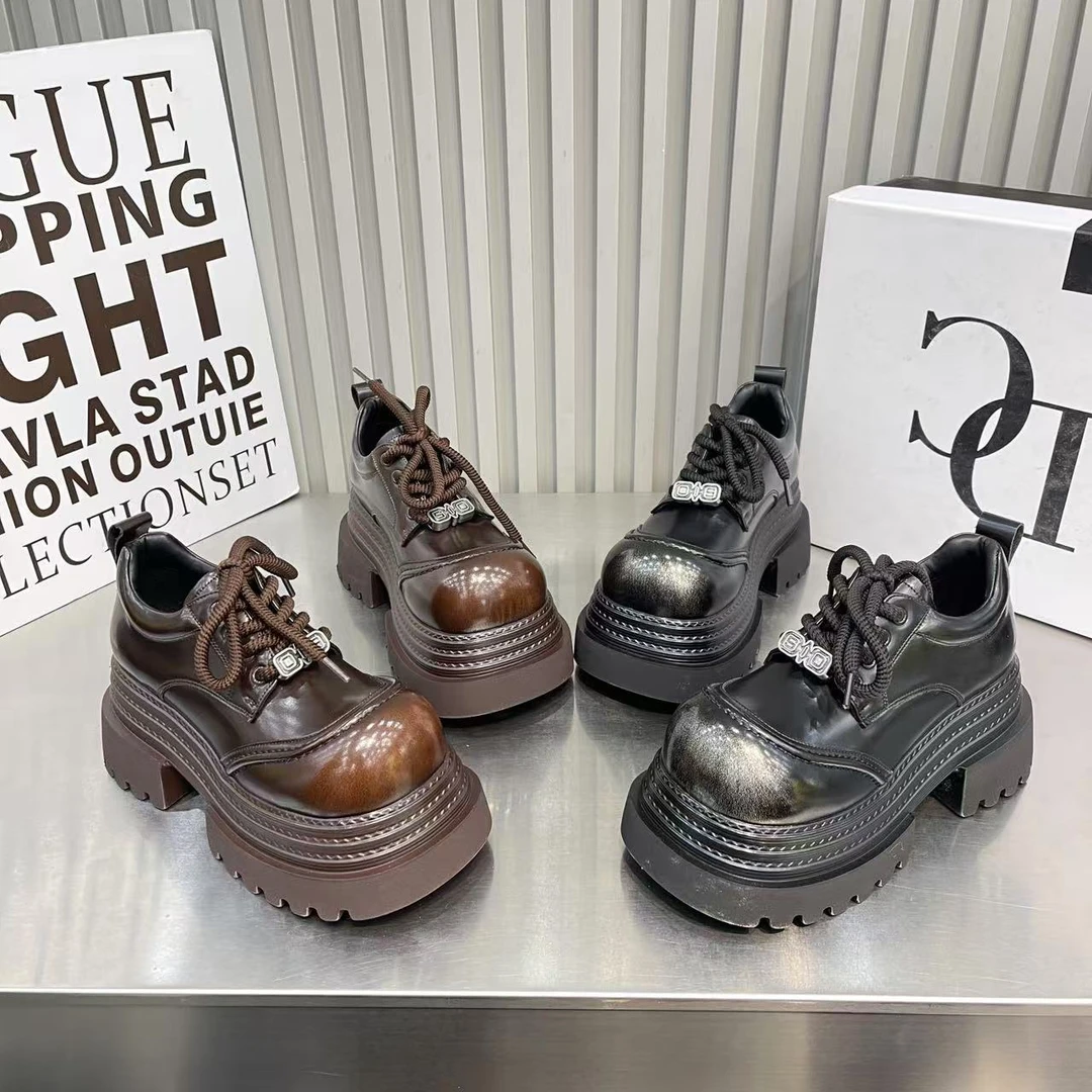 欧货保暖擦色系带JK小皮鞋乐福鞋厚底松糕走秀三层底小个子女鞋潮