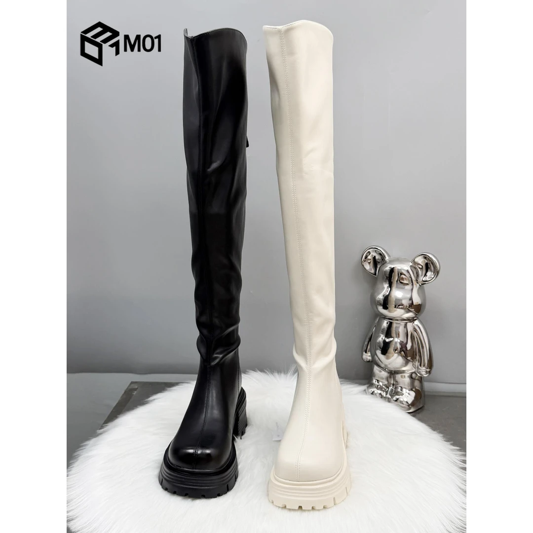 M01时尚过膝长靴女瘦瘦靴新款秋冬骑士靴高跟黑色长筒靴白色靴子