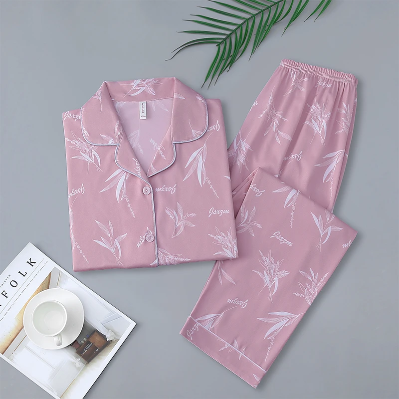 【烟紫竹林长袖长裤】睡衣女士宽松春夏秋季休闲舒适大码家居服套装