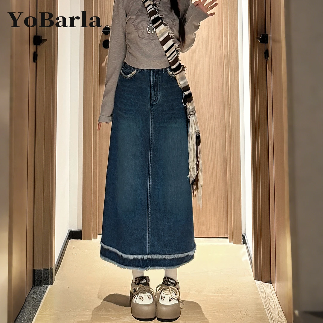 复古毛边牛仔半身裙女秋冬新款胖mm大码梨形身材显瘦中长款a字裙