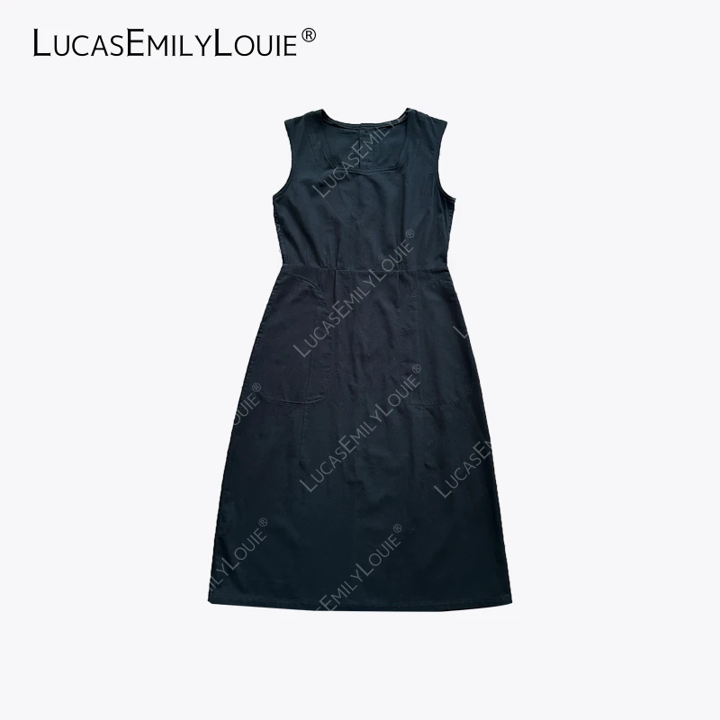 LUCASEMILYLOUIE 复古法式圆领排扣收腰无袖连衣裙2410389