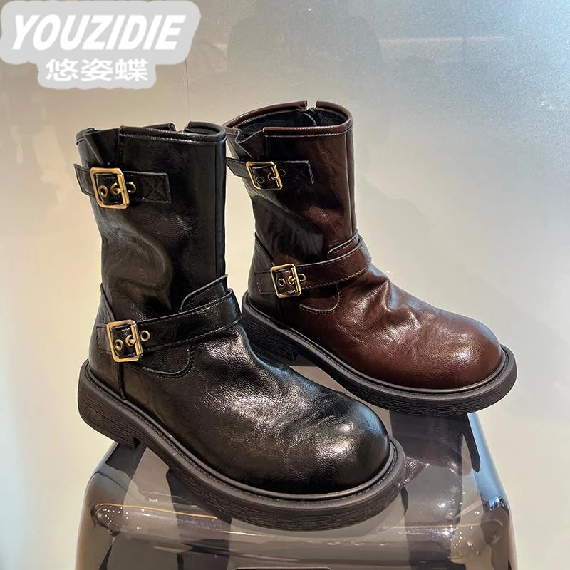 2025秋冬新款英伦风轻奢马丁靴女复古侧扣中筒西部牛仔切尔西短靴