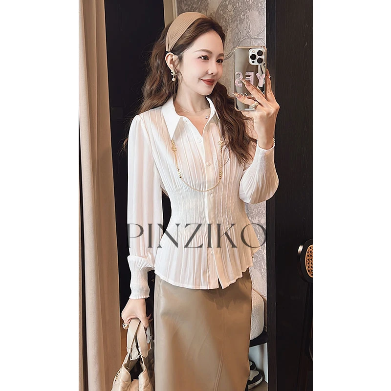 pinziko律政佳人~韩版修身翻领单排扣压褶长袖衬衫显瘦上衣TJF283