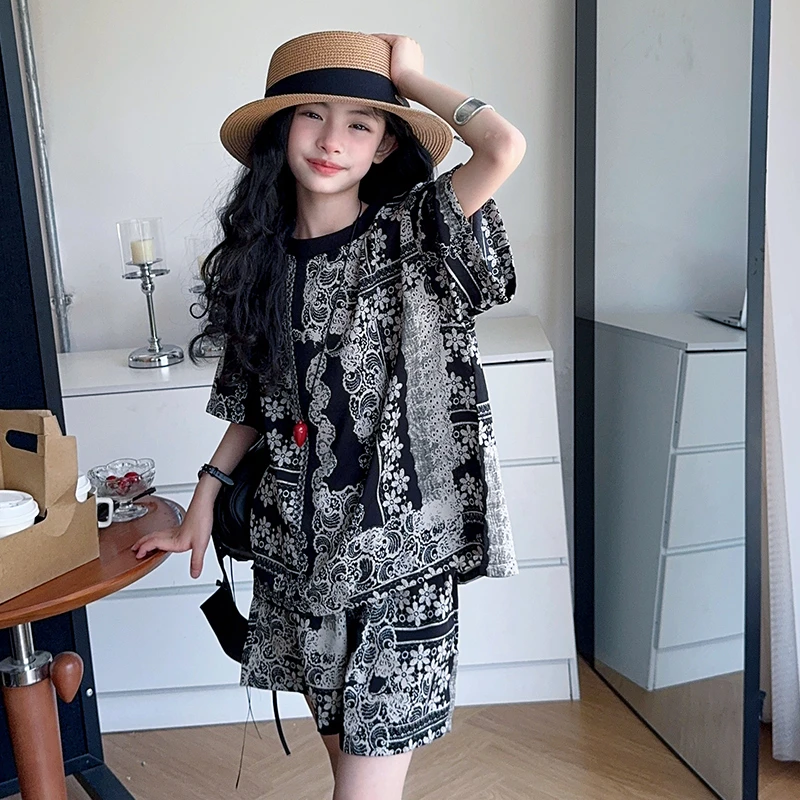 童装夏季碎花短袖短裤套装洋气女童轻薄透气潮童休闲裤套装中大童