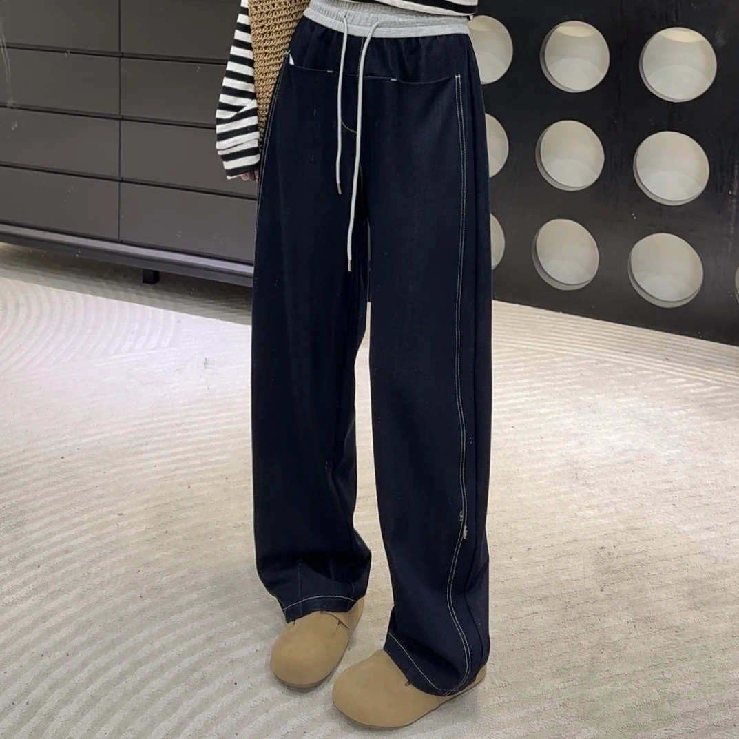 DALIANSU/大脸酥-4236  春季设计感高腰抽绳牛仔弯刀裤