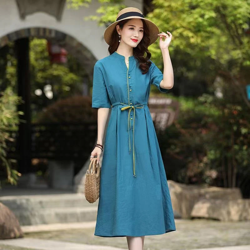 民族风棉麻连衣裙女高档气质中长款2025夏季新款宽松收腰显瘦时尚