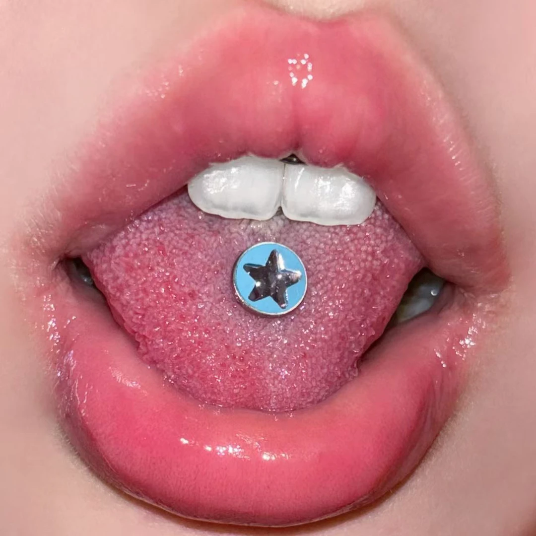 钛钢耳饰 五色五角星包胶外螺旋舌钉杆粗1.6可喝酒蓝色饰品彩色