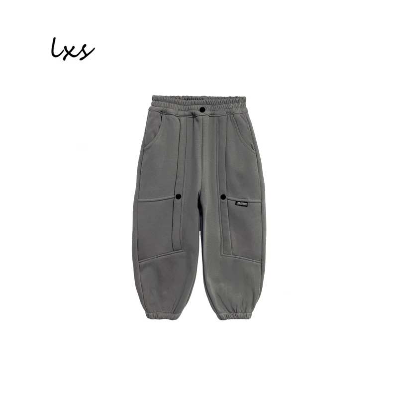 舅舅严选童装冬季儿童加绒裤韩版宽松时尚百搭休闲卫裤FK9007浅灰