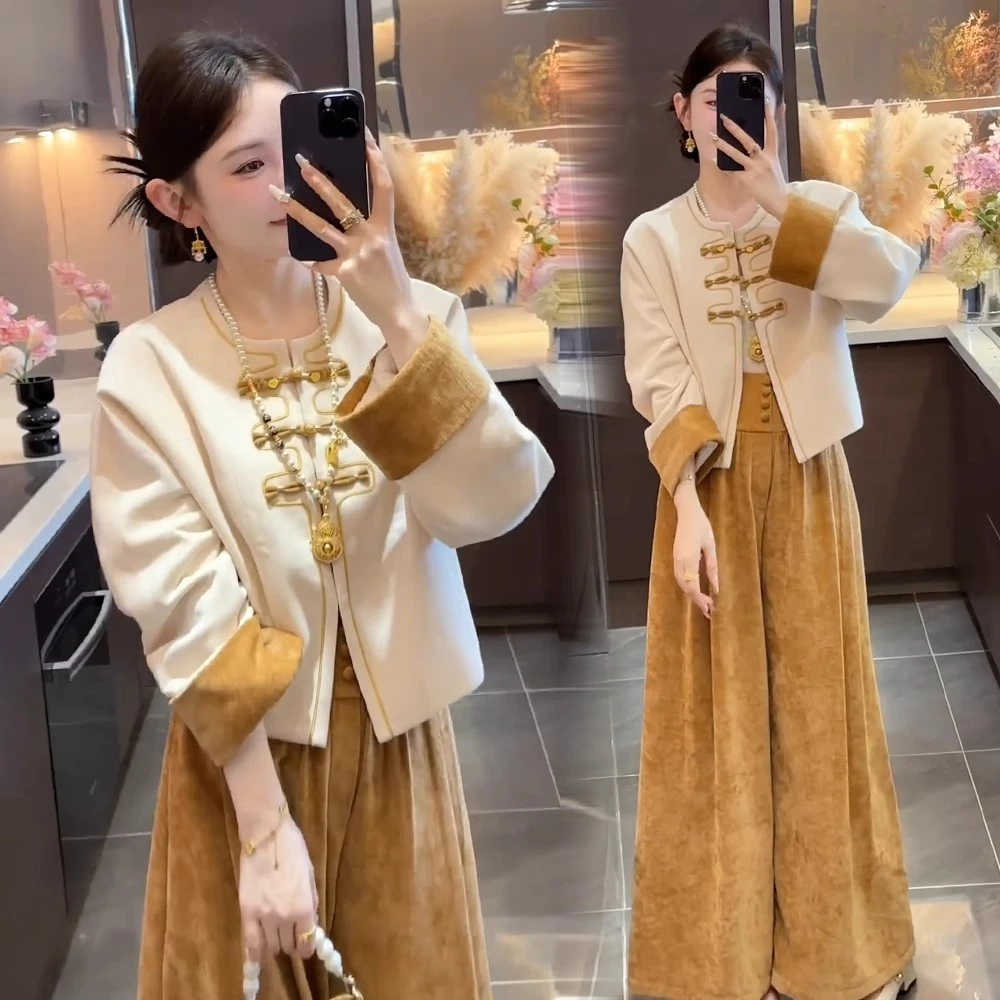 拉夏贝尔新中式两件套女2025秋季新款国风重工盘扣撞色外套阔腿裤