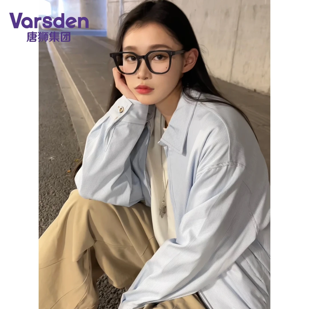 唐狮集团Varsden美式蓝色条纹秋季夹克复古街头潮牌情侣上衣外套