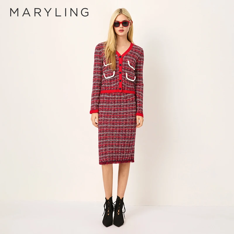 MARYLING玛俪琳2025初春新品红白黑格纹V领针织开衫A1FAW08110