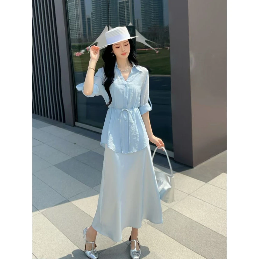 欧洲站2025春夏新款遮肚显瘦收腰衬衫吊带绸缎连衣裙两件套女