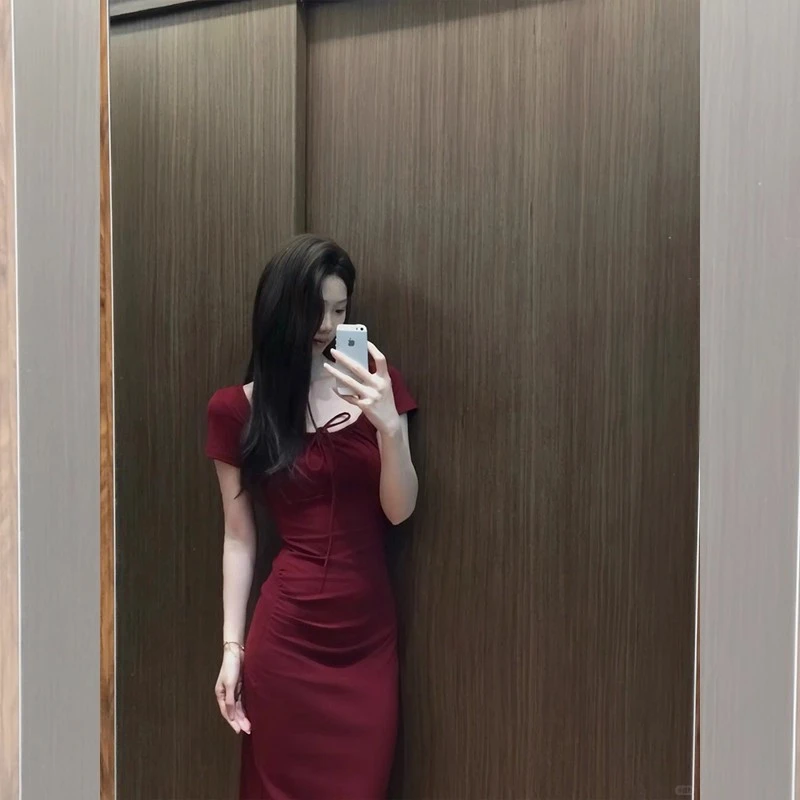 夏季性感方领绑带短袖连衣裙女小个子修身包臀裙气质收腰显瘦长裙