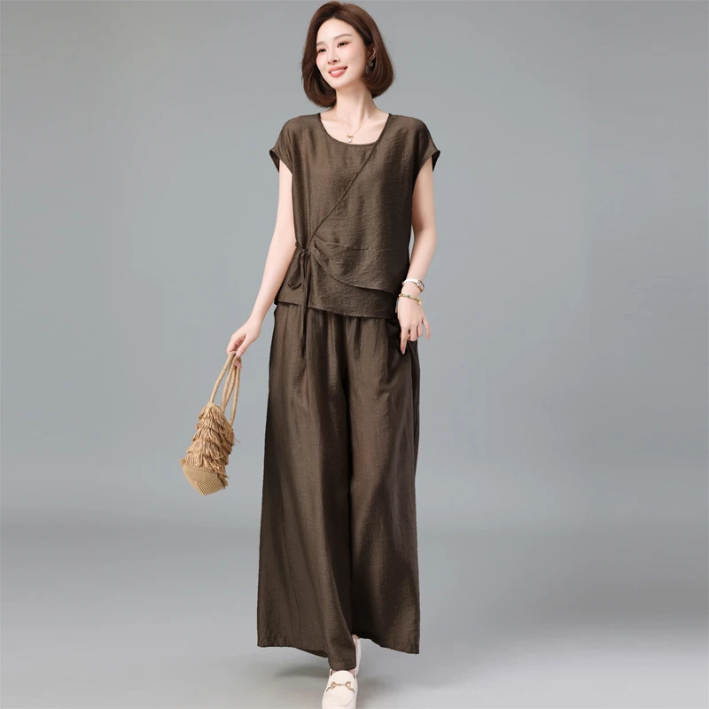 天丝亚麻套装女夏季2025新款妈妈宽松遮肚子减龄洋气阔腿裤两件套