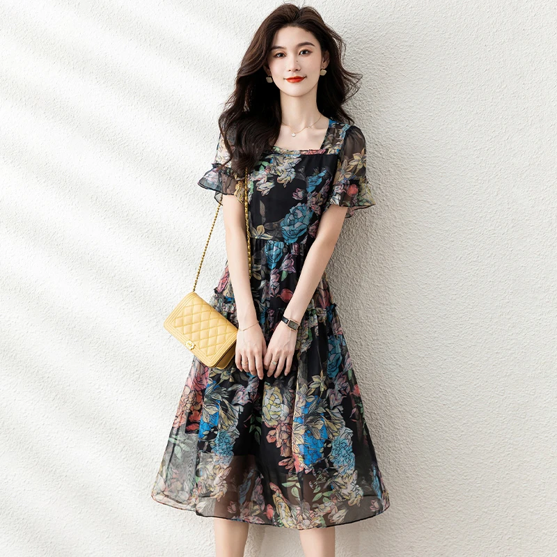 春夏季雪纺碎花中长款收腰显瘦气质连衣裙女短袖印花高档纱料裙子