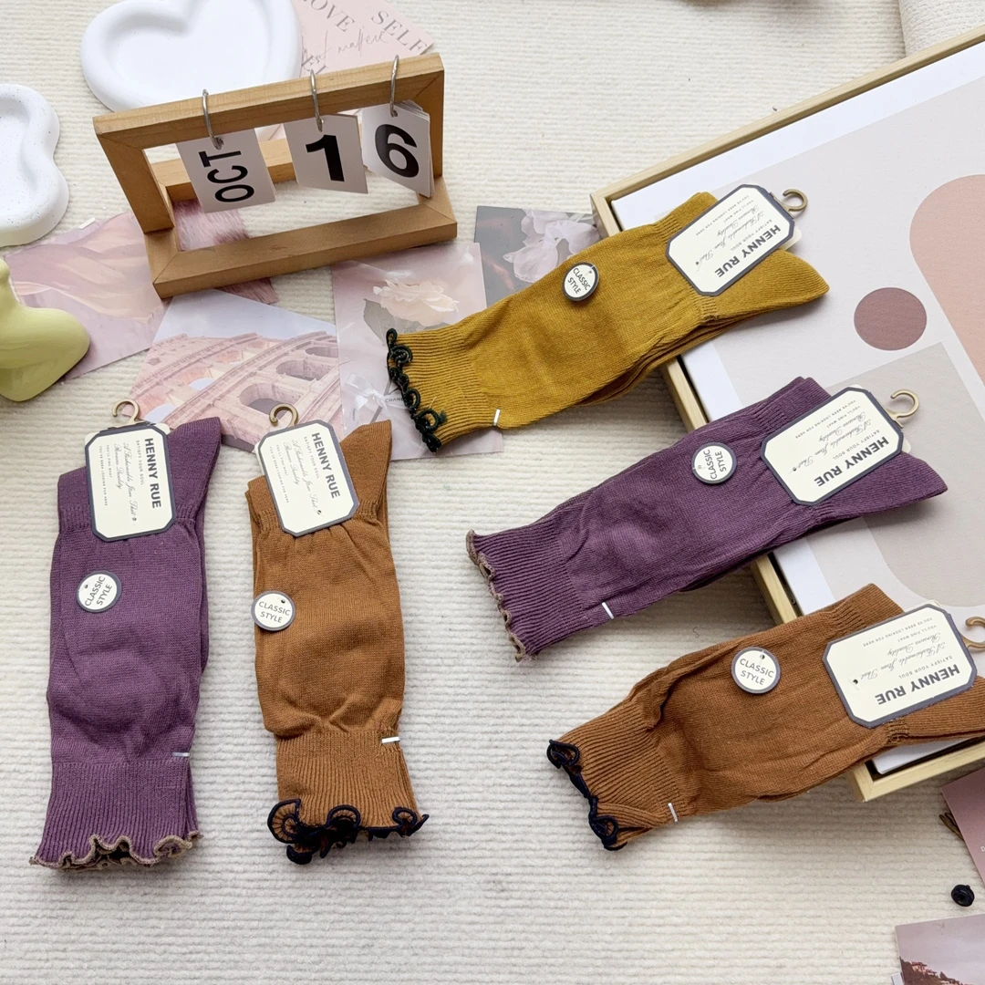 ay1855 五双女袜木耳边棉质松垮中统堆堆女袜