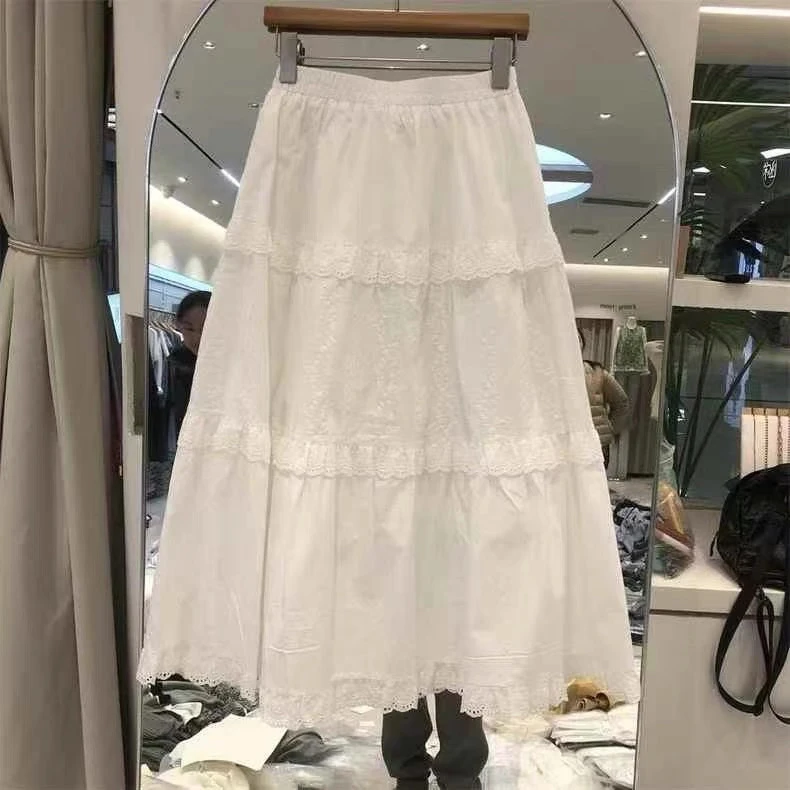 2025春夏法式白色蕾丝花边蛋糕裙半身裙女小个子高腰中长款A字裙
