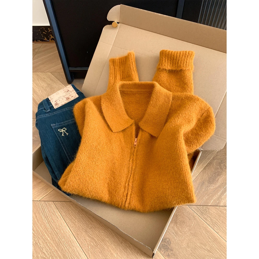 巨好看！上身绝美！南瓜橘色针织衫翻领拉链毛衣女气质时髦显瘦开衫