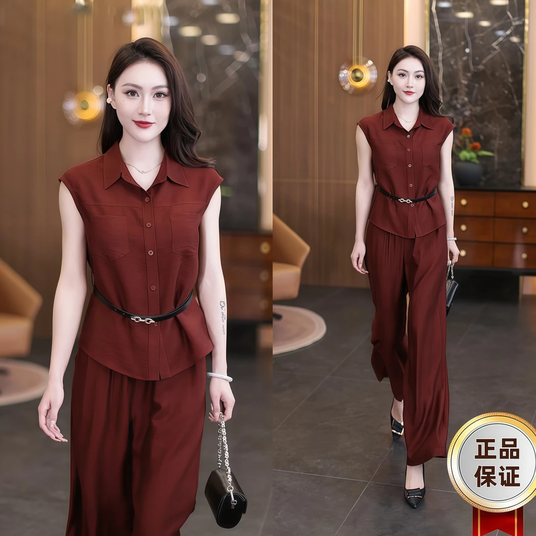 时尚韩系衬衫套装女2025夏季新款收腰显瘦洋气减龄阔腿裤两件套