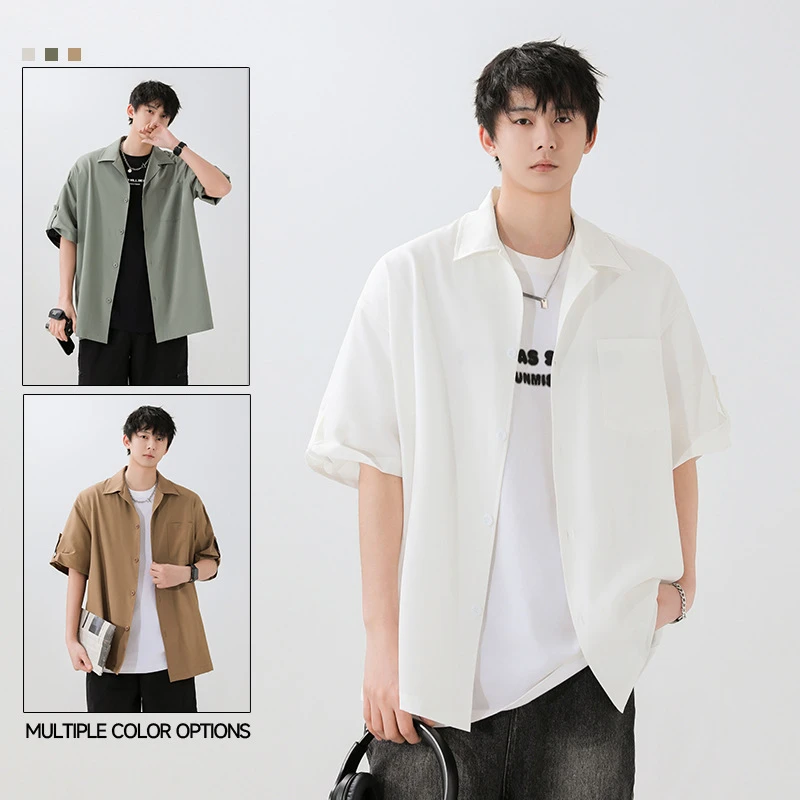 男装日系宽松痞帅冰丝垂感纯色衬衫外套时尚百搭黑色痞帅冰丝衬衫