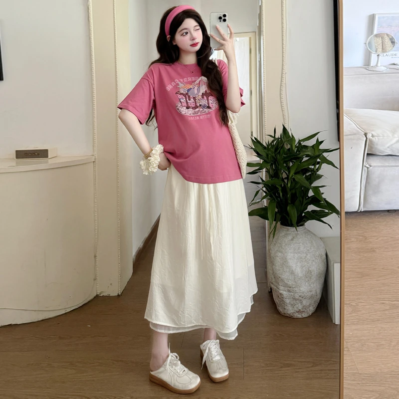 孕妇装套装夏装时尚款宽松可爱短袖T恤上衣+无托腹半身裙两件套装