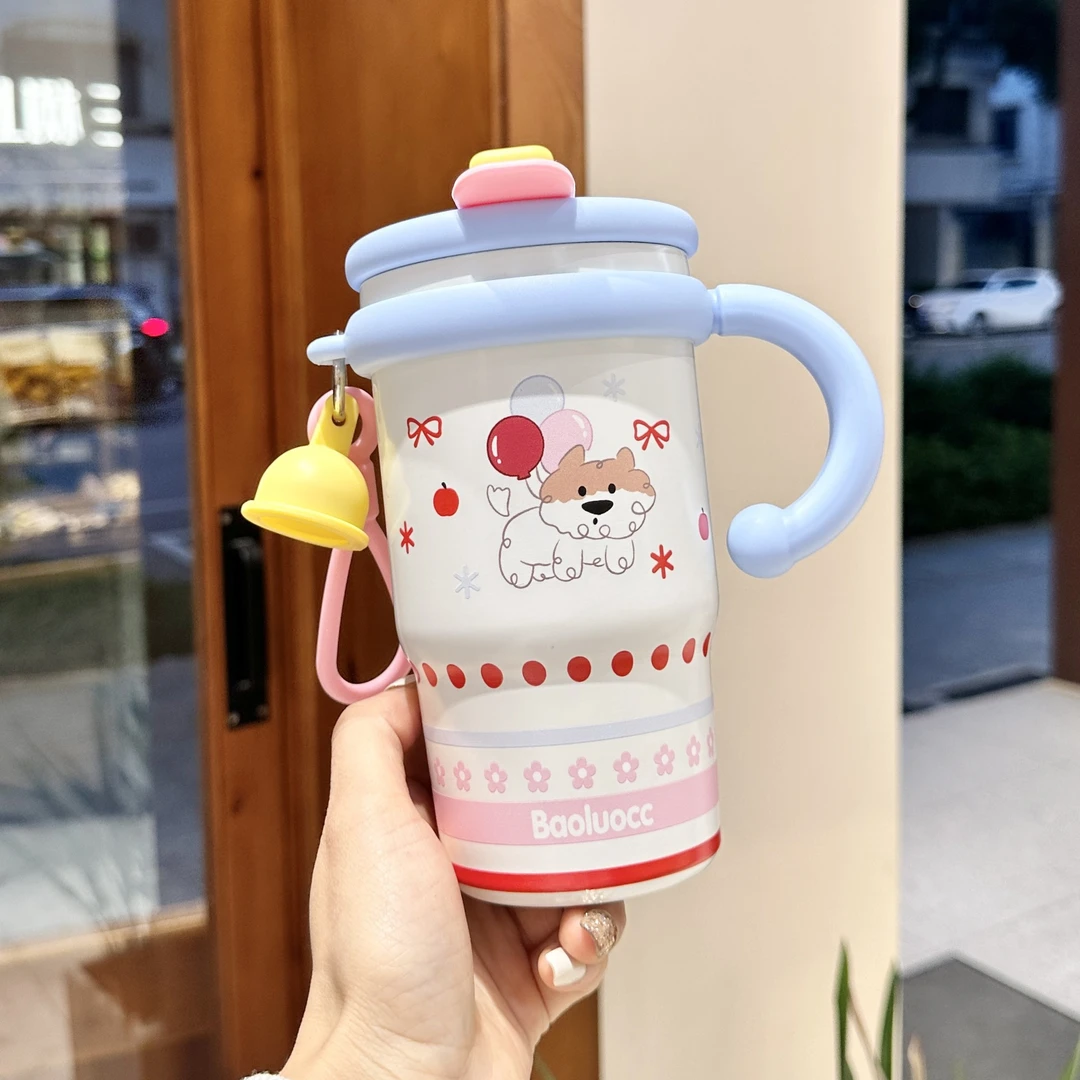 高颜值女生办公水杯大容量内喷陶瓷保温杯双饮带吸管冰霸杯子