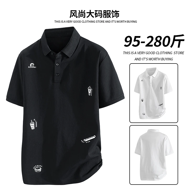 大码黑色Polo衫男士夏季透气宽松加肥半袖潮流印花时尚休闲运动t