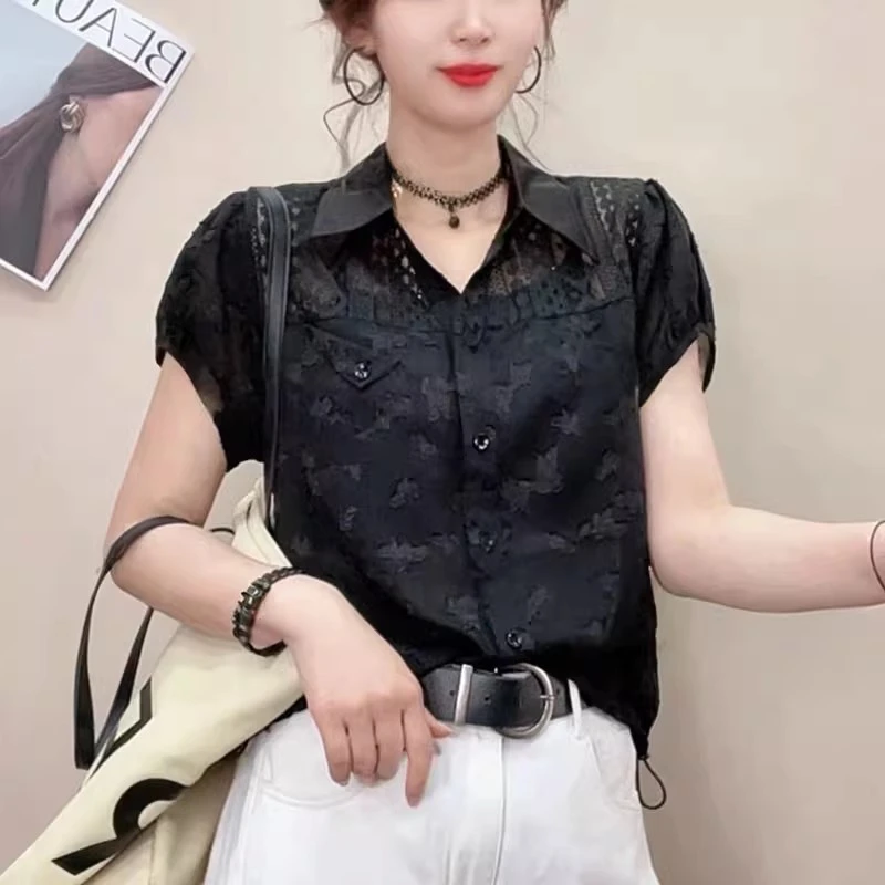 短袖衬衫女2025夏季新款韩版时尚蕾丝拼接设计感气质洋气百搭上衣