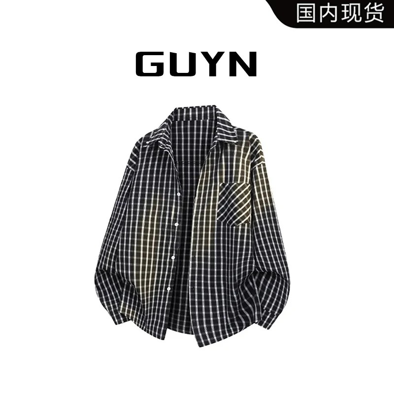 【品牌现货】GUYN格纹翻领衬衫男春秋季新款美式长袖外穿休闲衬衣