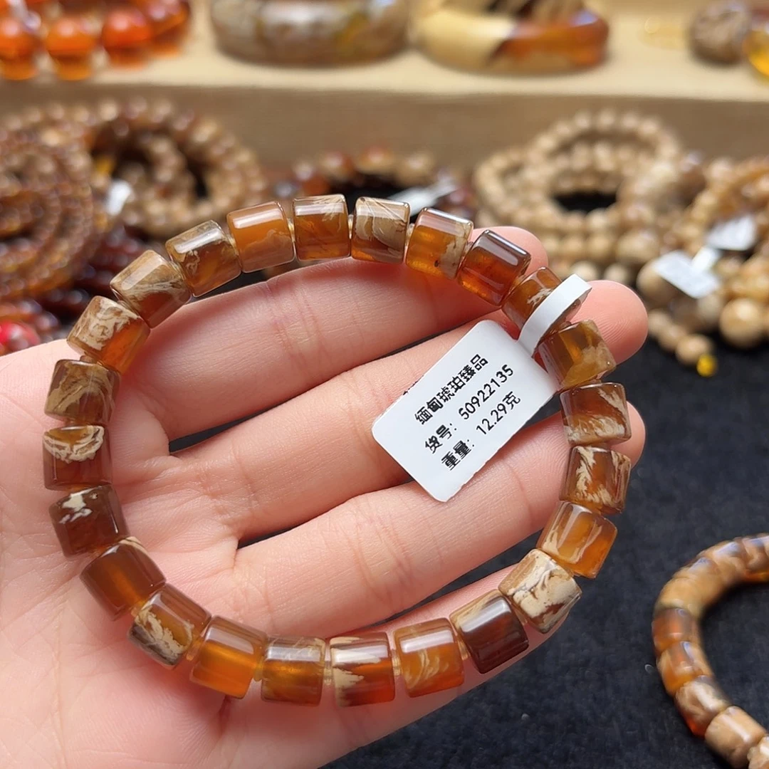 琥珀未镶嵌珠宝奇石9mm橘蜜白花根溶直切单圈