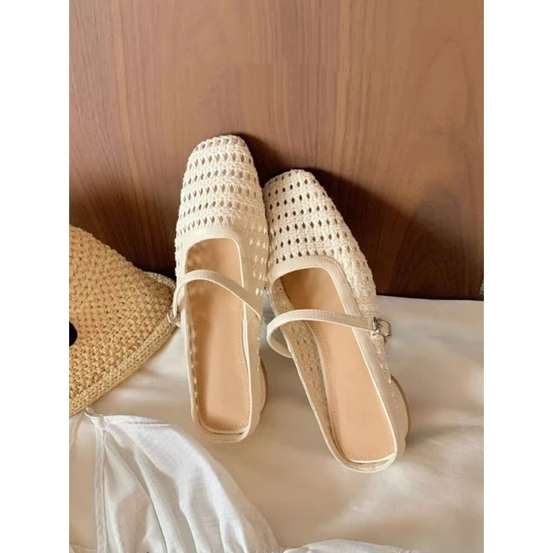 软底内增高镂空包头半拖鞋女外穿2025新款休闲编织凉拖鞋沙滩凉鞋