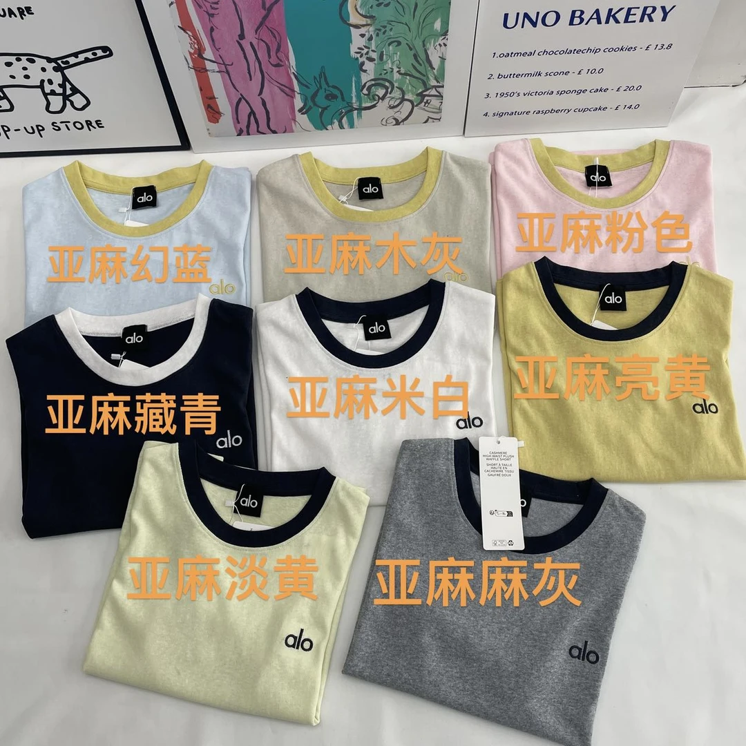 alo25新款短袖T恤潮牌女士短袖情侣夏季粉色亚麻圆领ol藏青
