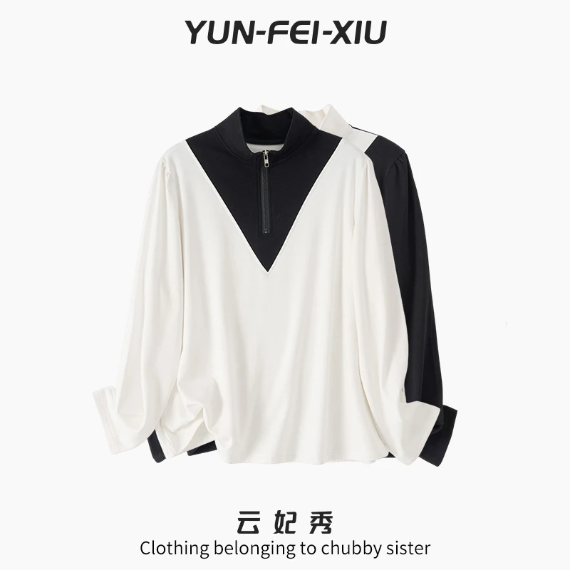 云妃秀大码女装T恤时尚休闲拉链立领宽松显瘦微胖百搭上衣秋38501