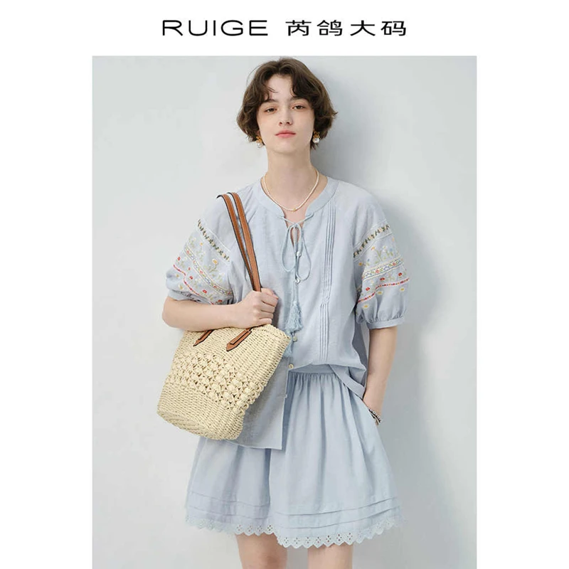 芮鸽微胖定制短袖套装刺绣绑带短袖衬衫A字裙女新款夏季胖mm上衣