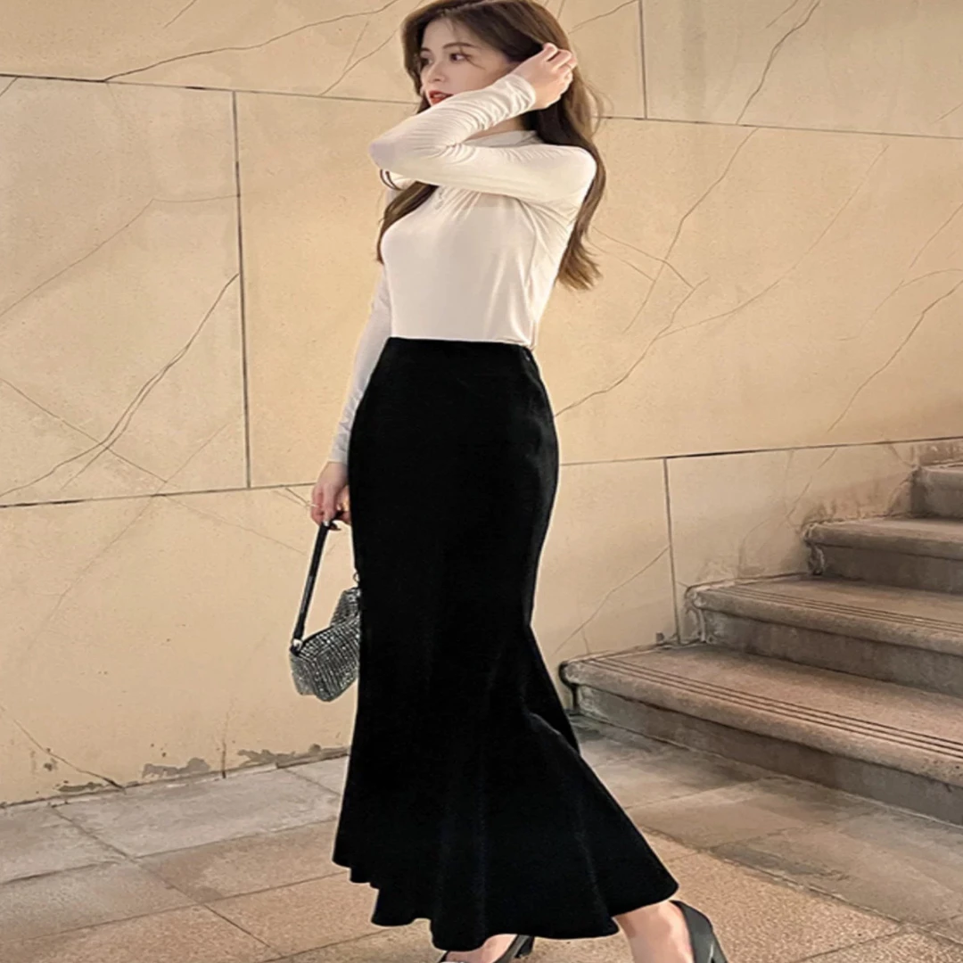 大码女装时尚气质秋冬金丝绒高腰显瘦鱼尾半身裙女