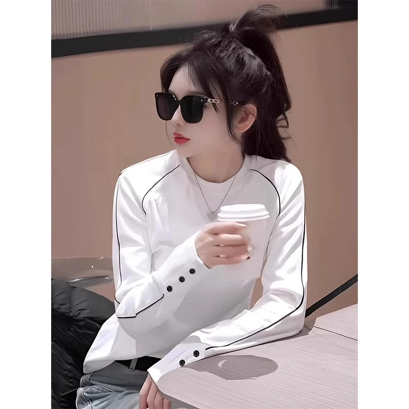 撞色拼接圆领t恤女2025新款春秋季洋气内搭打底衫修身长袖上衣服