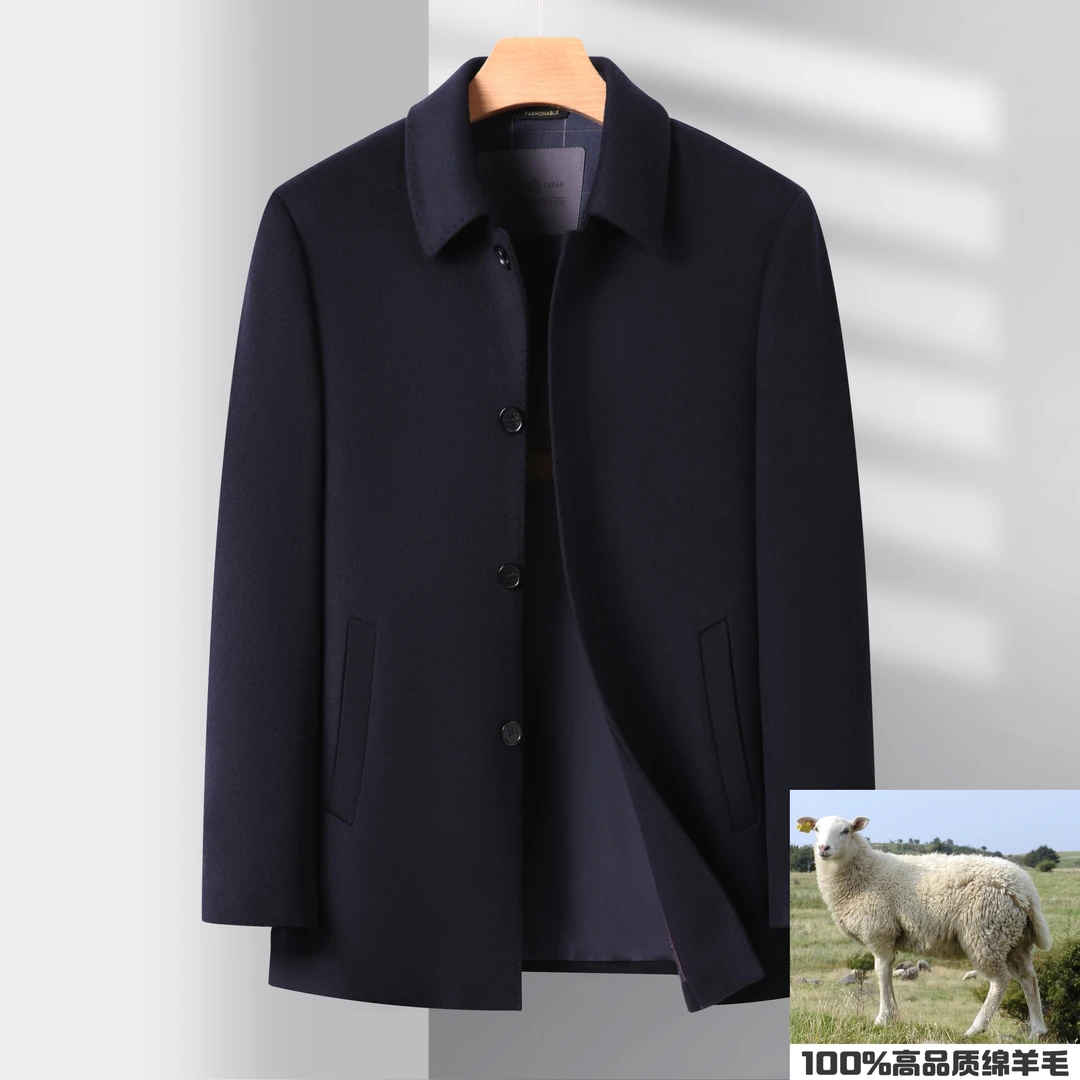 【100绵羊毛】扣版翻领男秋冬毛呢大衣中老年爸爸装商务大衣8301