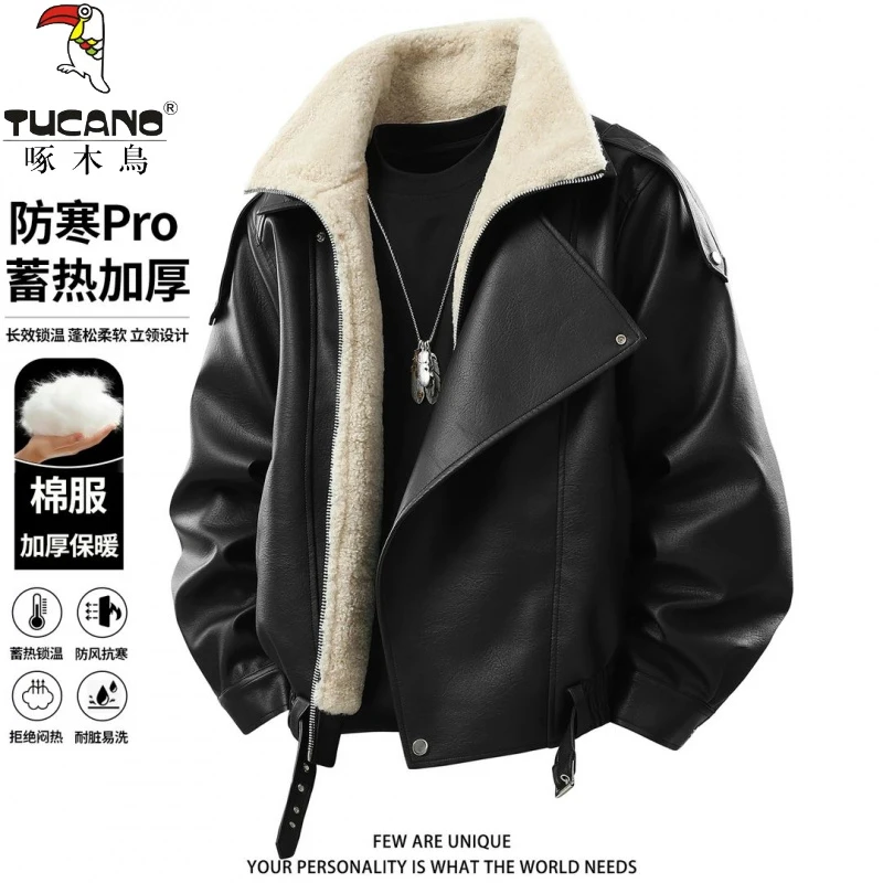 啄木鳥美式复古PU皮棉衣男冬季加绒加厚痞帅潮牌设计短款机车外套