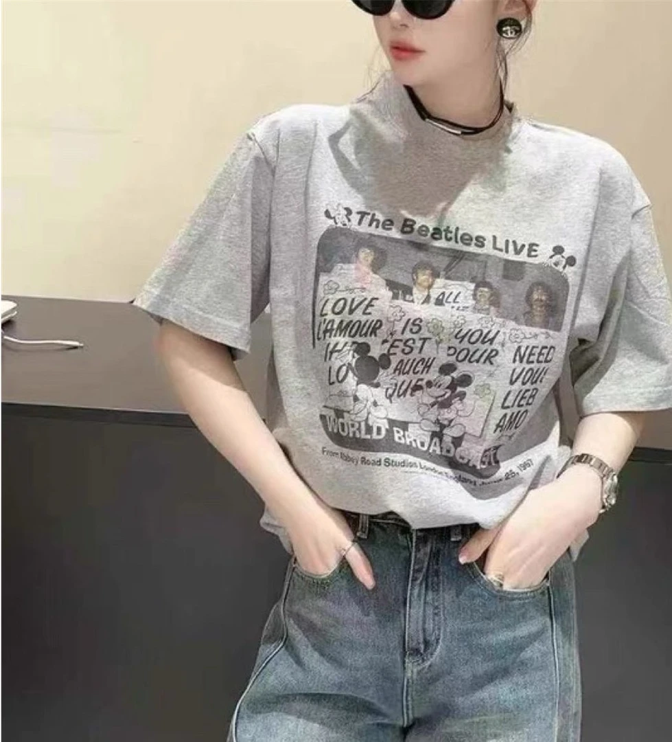 胖MM夏款百搭宽松显瘦圆领字母短袖T恤女上衣打底衫