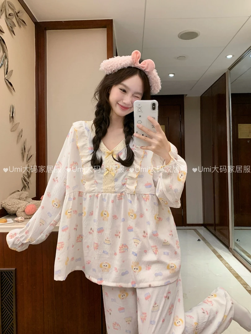 睡衣大码女120-260斤透气家居服蕾丝花边防凸点设计秋季薄款睡衣