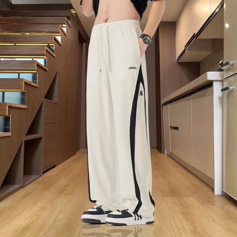 正品年夏季爆款凉感冰丝裤男潮流时尚港风白色宽松条纹阔腿长裤