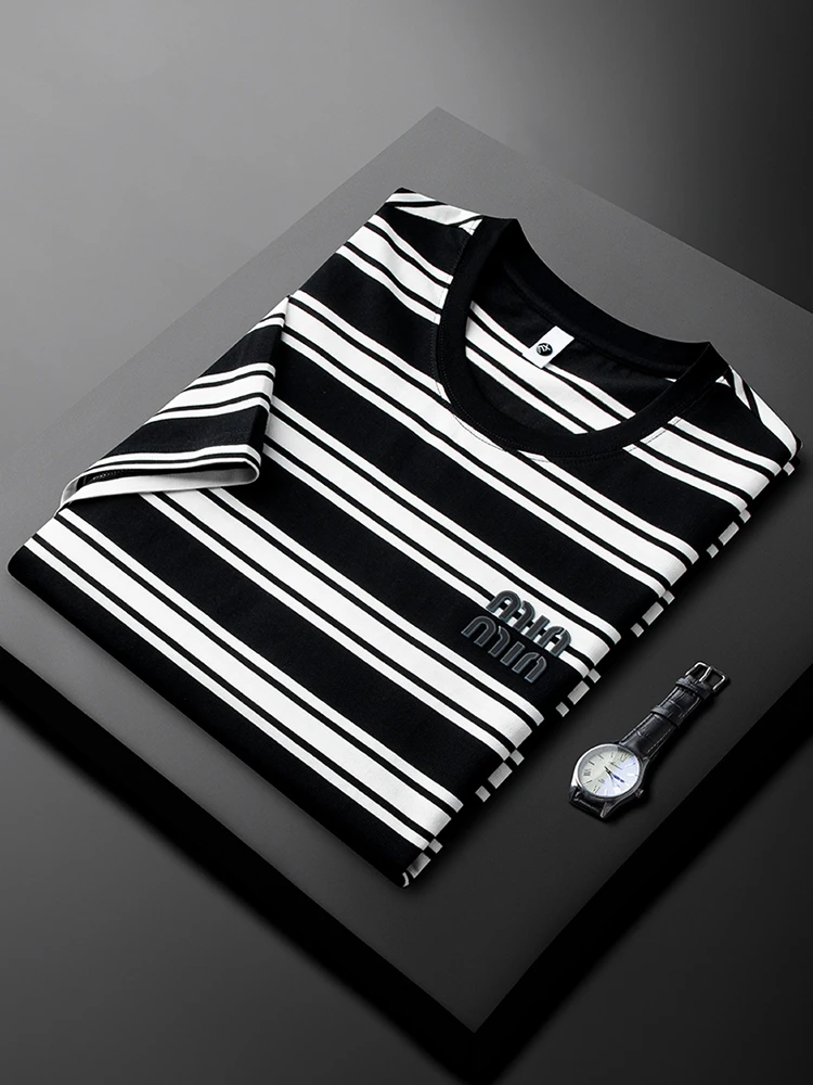 2025新款夏季男士潮流时尚冰丝条纹圆领短袖t恤男薄款修身半袖T恤