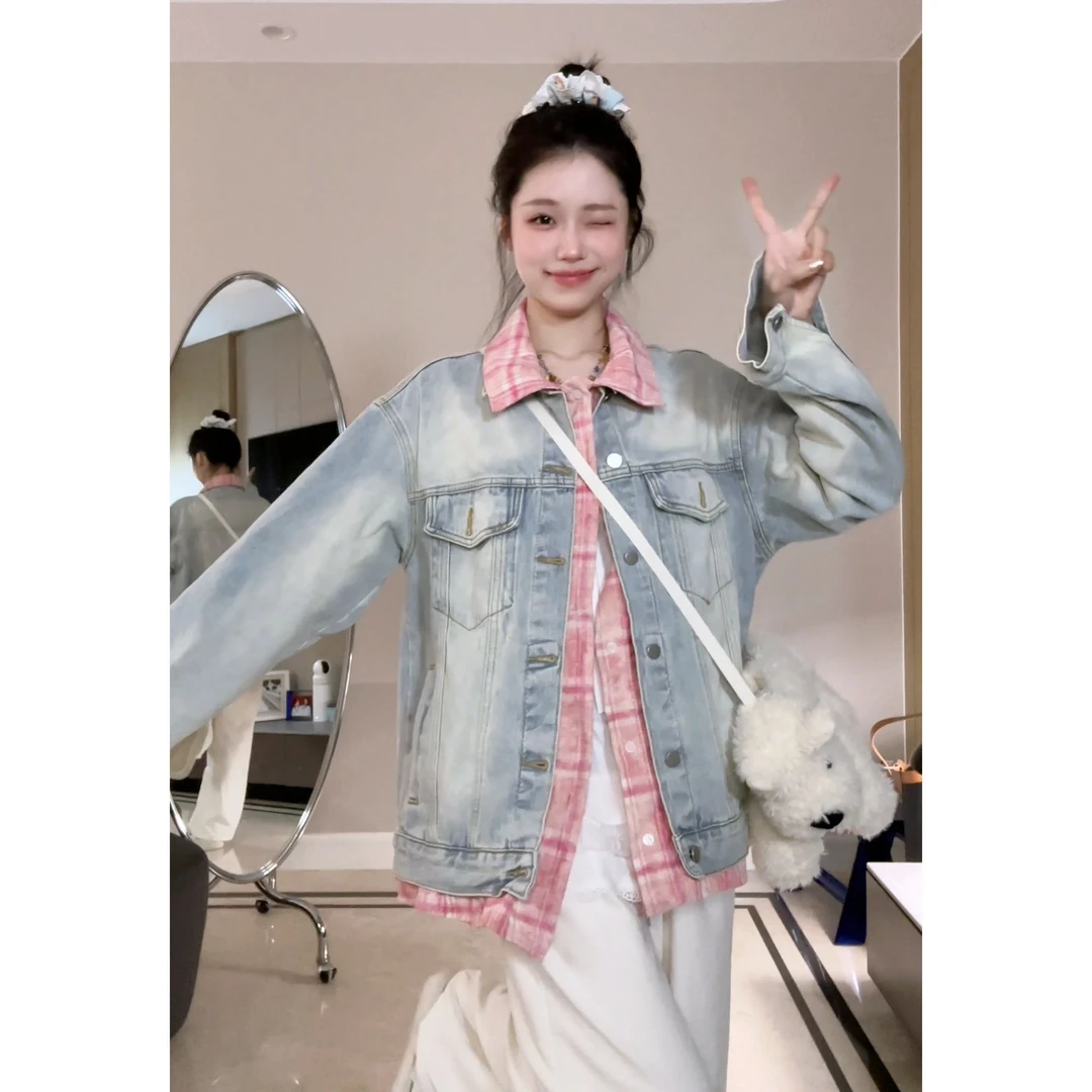 ZEXO 撞色翻领假两件宽松休闲水洗做旧长袖牛仔外套