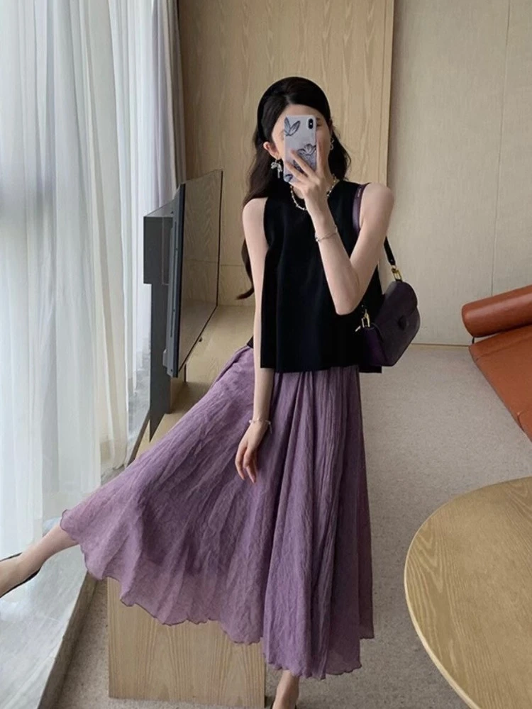 夏季新款时尚网红气质轻熟小个子穿搭黑色无袖上衣半身裙两件套装