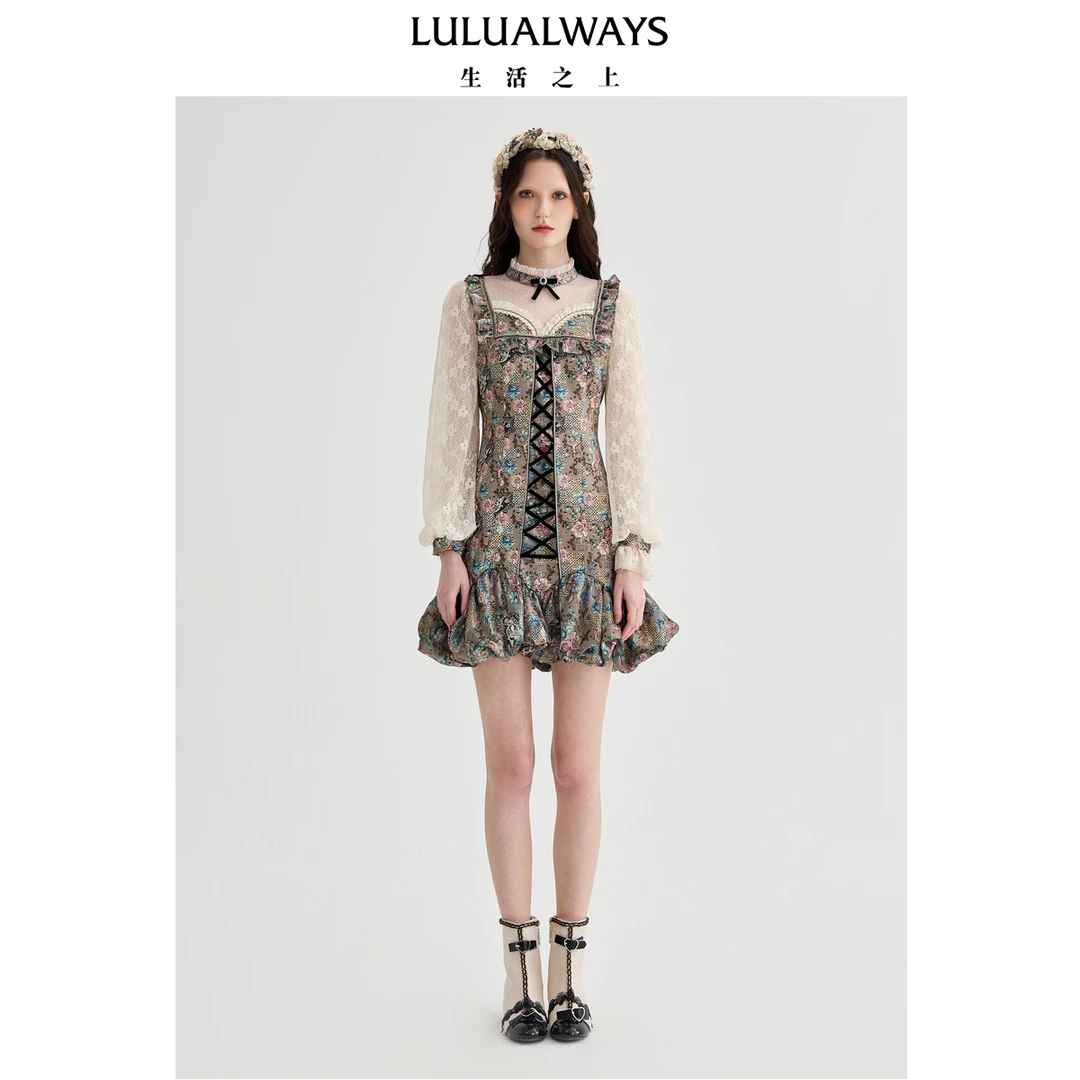 LULUALWAYS【商场同款】25春季新款复古宫廷设计感绑带花瓶连衣裙